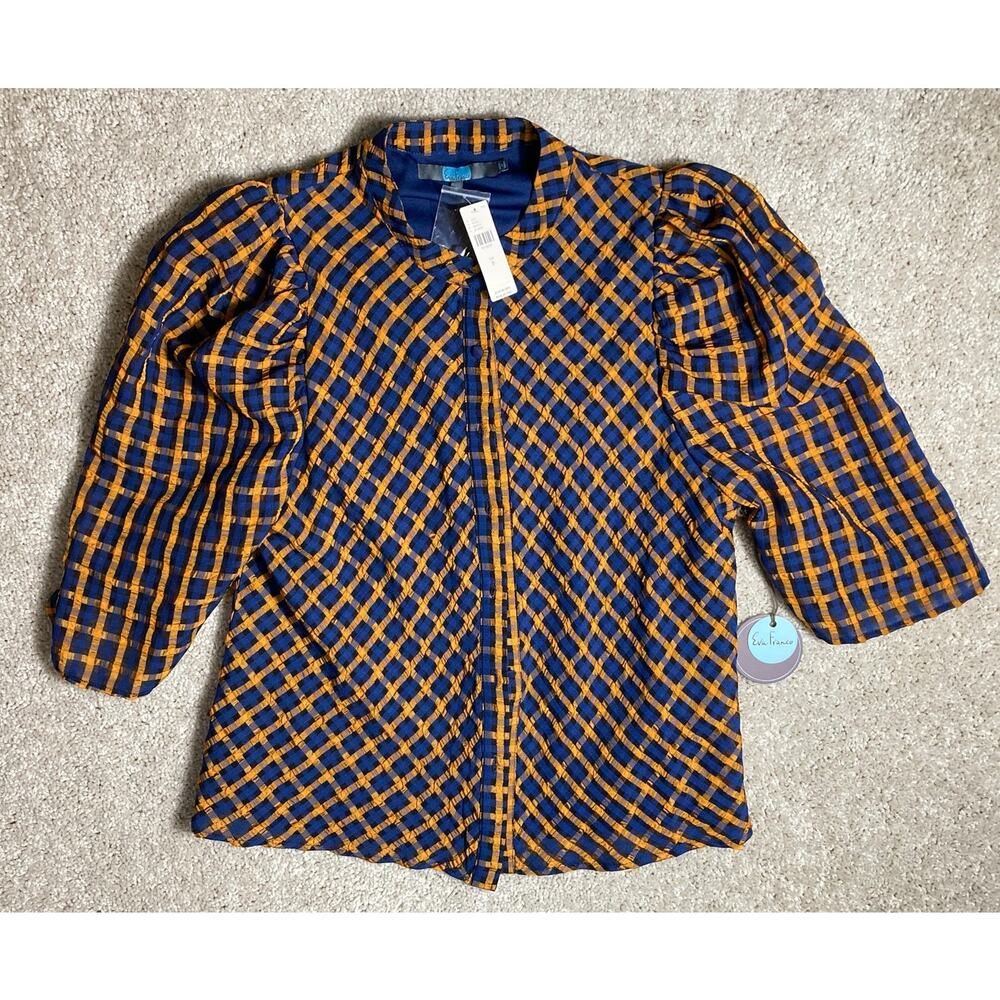 Women Eva Franco Blouse Shirt Top Blue Orange Black Button Up Size 8 NWT